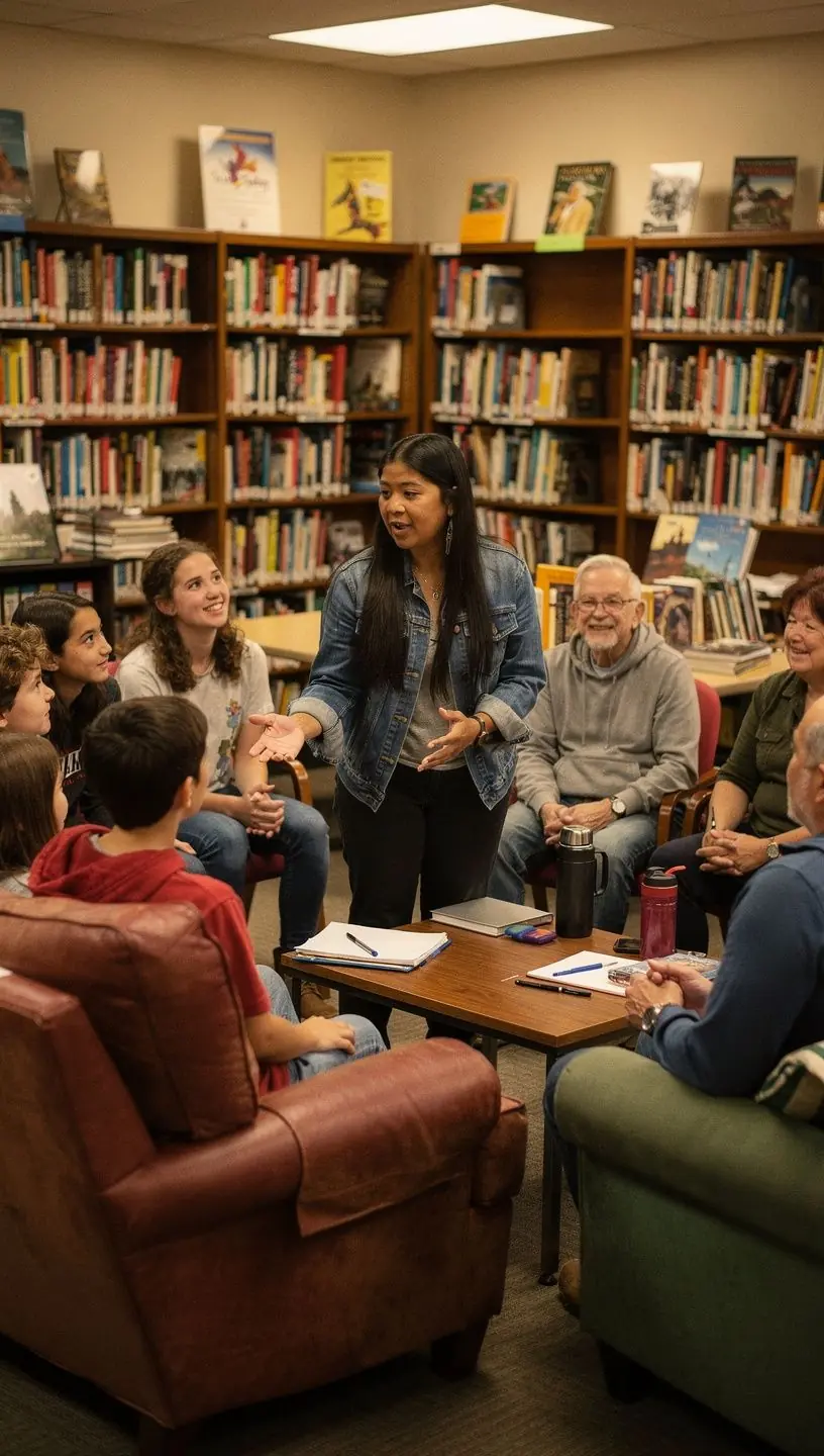 Smiling residents exchanging experiences and advice in an inclusive community storytelling circle.