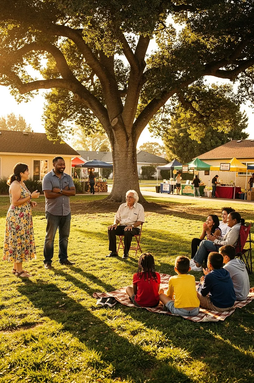 Diverse group of community members engaged in a collaborative storytelling session about local issues.