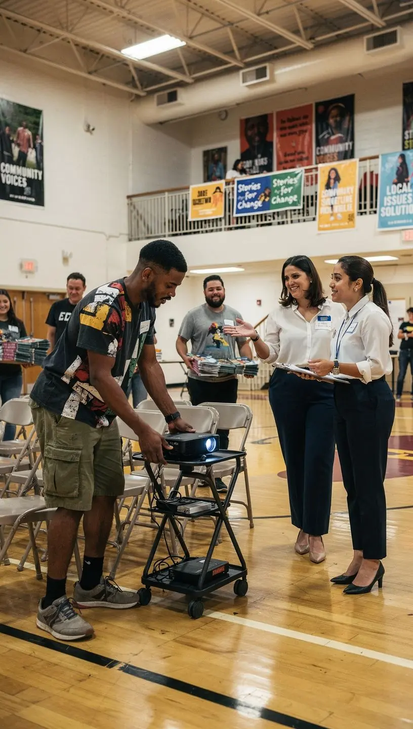 Illustration of a digital platform interface displaying stories, solutions, and insights from various neighborhoods.